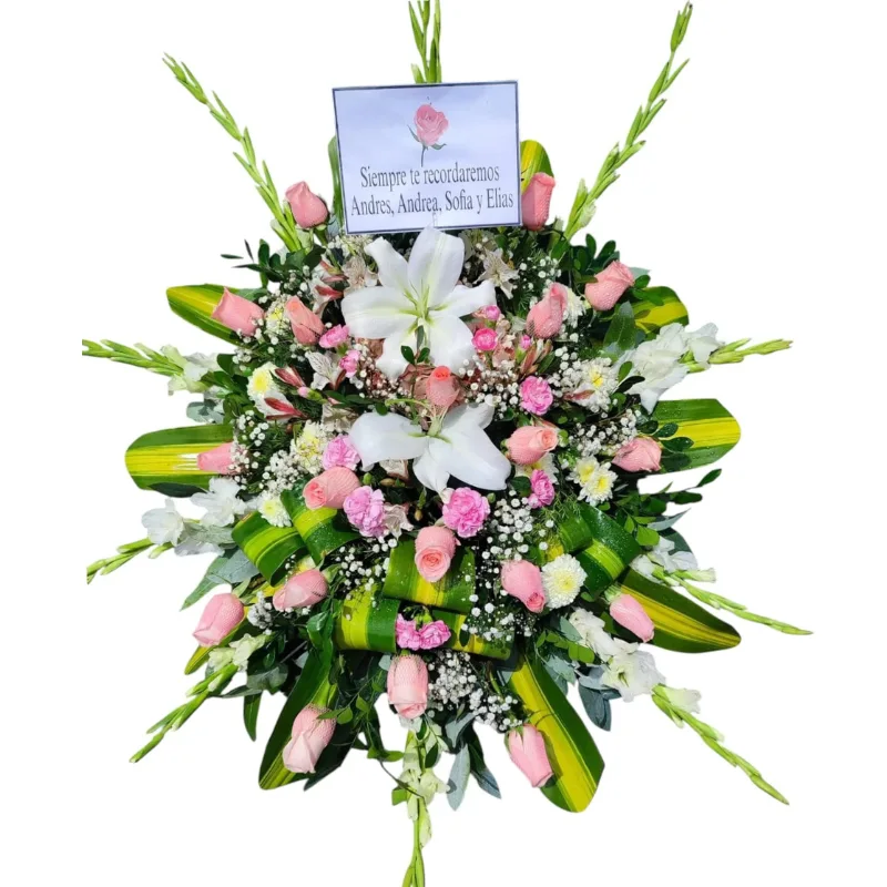 Lagrima de piso de 1m de largo. Elaborado con 18 rosas rosadas importadas, 2 lilium, gladiolos, pompo, hortensia y follaje