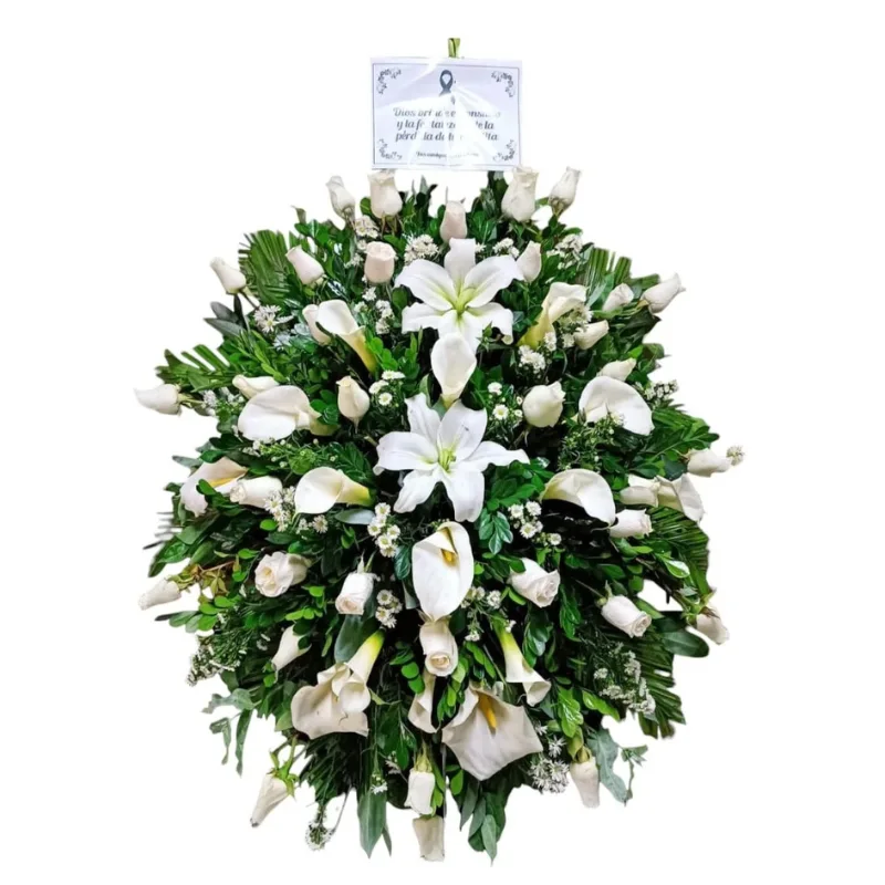 Manto de Ataúd elaborado con 40 rosas blancas importadas, lilium y follaje
