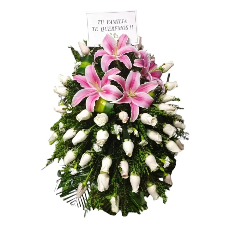 Manto de Ataúd elaborado con 40 rosas blancas importadas, lilium rosado y follaje