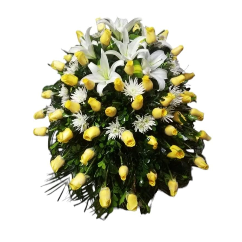 Manto de Ataúd elaborado con 40 rosas amarillas importadas, lilium y follaje