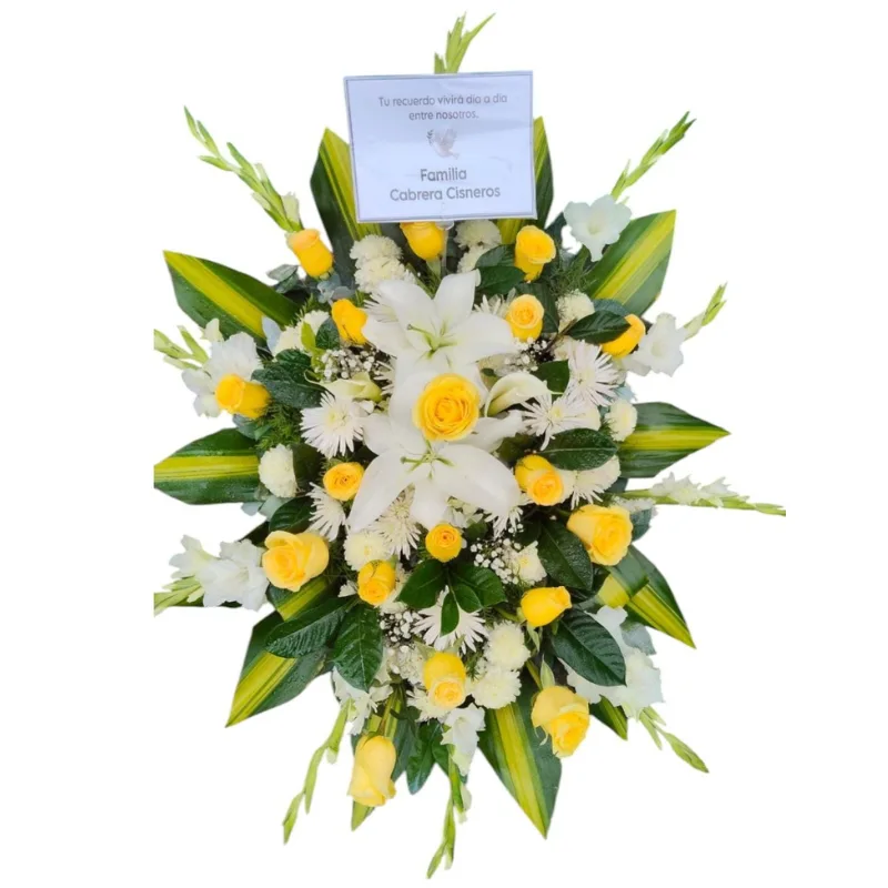 Lagrima de piso de 1m de largo. Elaborado con 18 rosas amarillas importadas, 2 lilium, gladiolos, pompo, hortensia y follaje