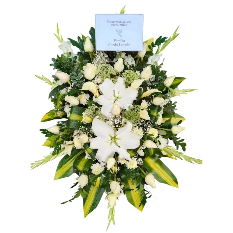 Lagrima de piso de 1m de largo. Elaborado con 18 rosas blancas importadas, 2 lilium, gladiolos, pompo, hortensia y follaje