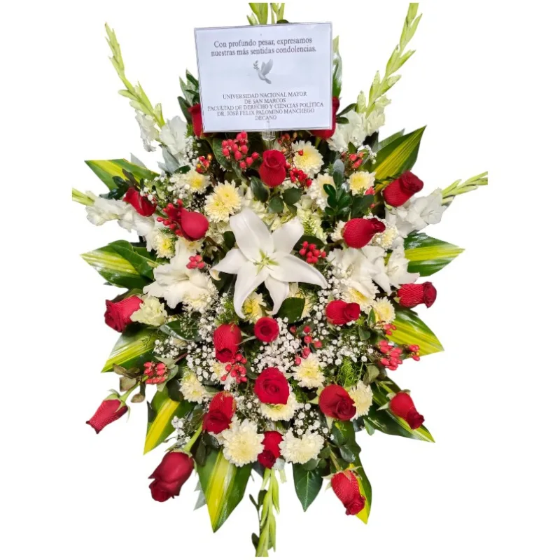 Lagrima de piso de 1m de largo. Elaborado con 18 rosas rojas importadas, 2 lilium, gladiolos, pompo, hortensia y follaje