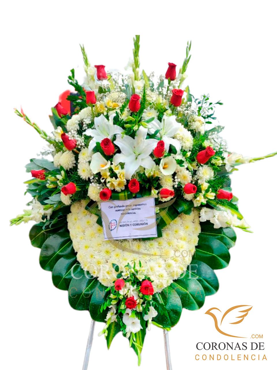 Corona fúnebre de 2 m de alto , elaborada con, rosas rojas importadas hortensia, gladiolos, lilium, pompo ,y otros