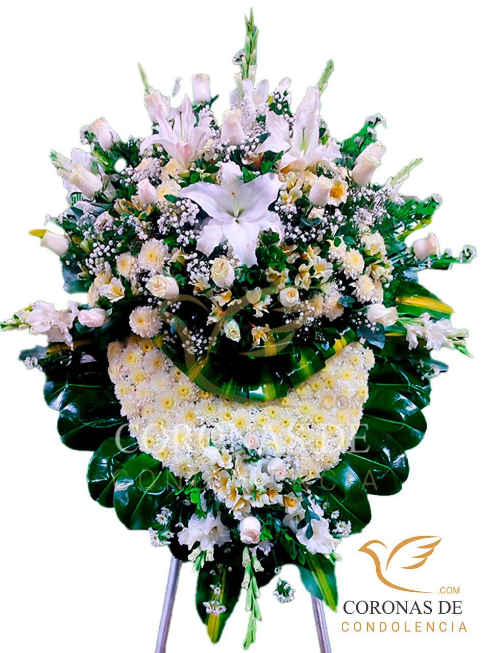Corona fúnebre de 2 m de alto , elaborada con, rosas blanco importadas hortensia, gladiolos, lilium, pompo