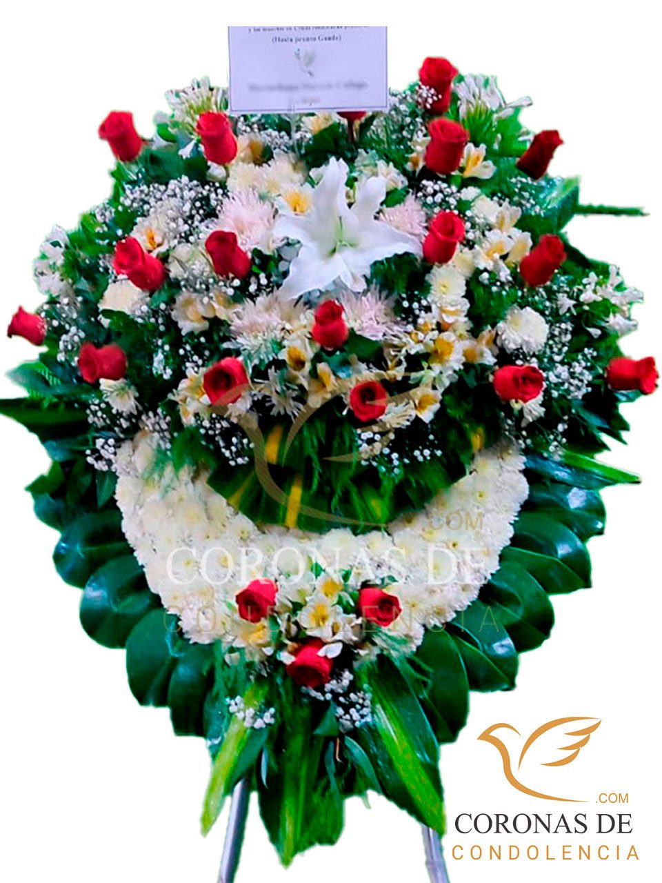 Corona fúnebre de 2 m de alto , elaborada con, rosas rojas importadas hortensia, gladiolos, lilium, pompo ,y otros complementos de flores y lindos follajes en parante de bambú pintado en tono plateado