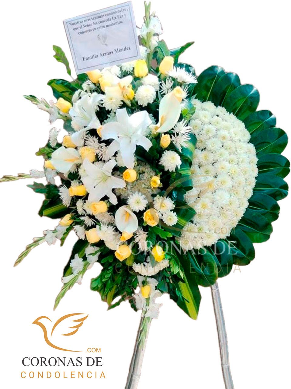 Corona fúnebre de 2 m de alto , elaborada con, rosas blanco importadas hortensia, gladiolos, lilium, pompo ,y otros complementos de flores y lindos follajes en parante de bambú pintado en tono plateado