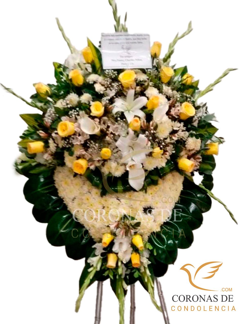 Corona fúnebre de 2 m de alto , elaborada con, rosas amarillo importadas hortensia, gladiolos, lilium, pompo ,y otros complementos de flores y lindos follajes en parante de bambú pintado en tono plateado