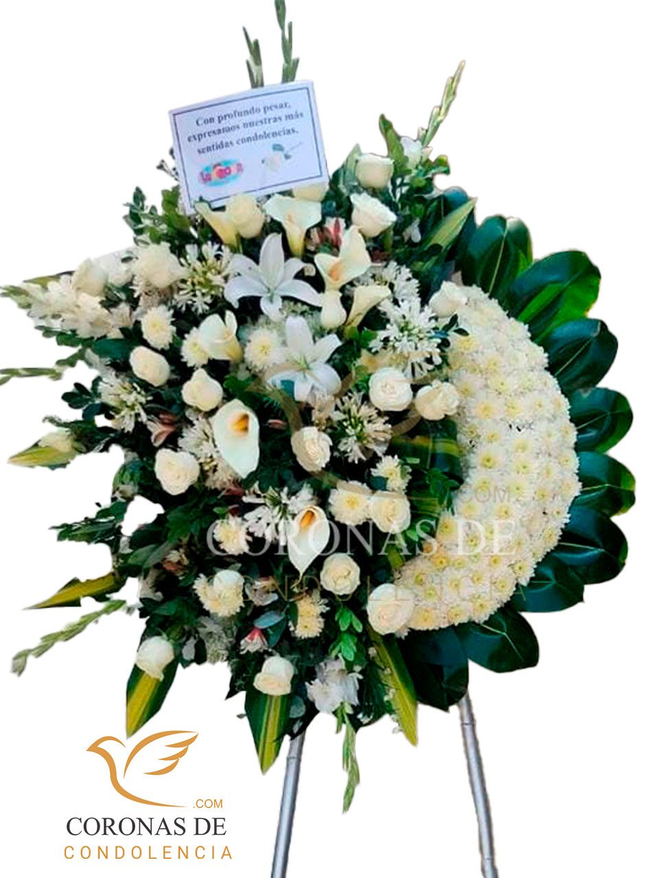 Corona fúnebre de 2 m de alto elaborada con, rosas blanco importadas hortensia gladiolos, lilium pompo