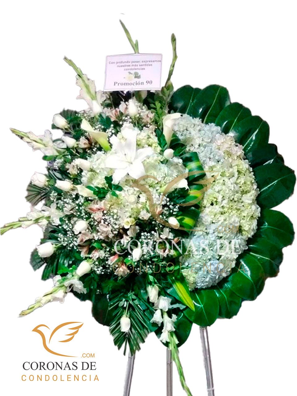 Corona fúnebre standar de 1.85 m de alto , elaborada con, rosas blanco importadas hortensia, gladiolos, lilium