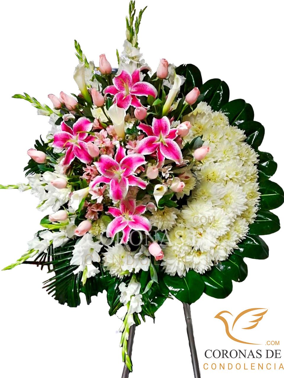 Corona fúnebre de 2m de alto elaborada con, rosas rosadas importadas hortensia, gladiolos 5 lilium rosado pompo