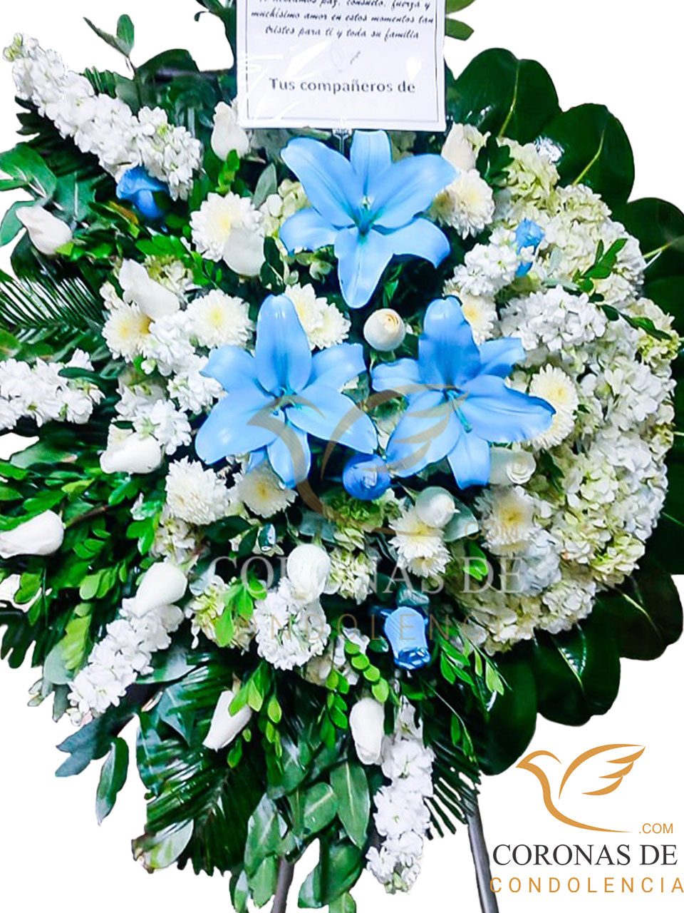 Corona fúnebre de 2m de alto elaborada con, rosas blanco importadas hortensia, gladiolos, lilium celeste pompo