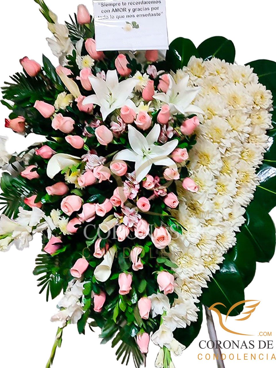 Corona corazón fúnebre de 2m de alto , elaborada con, 50 rosas rosadas importadas hortensia gladiolos lilium blanco pompo