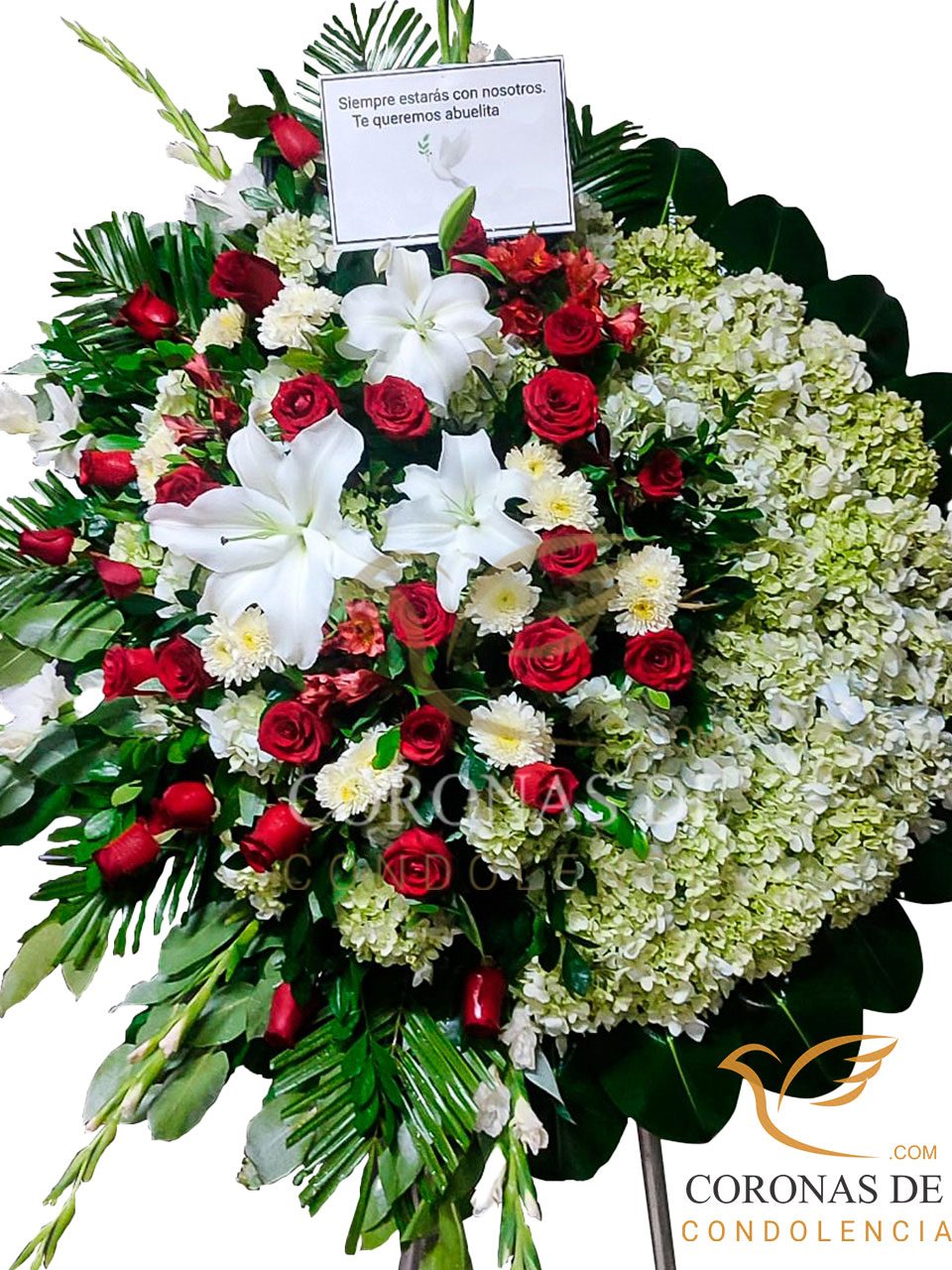 Corona fúnebre de 2 de alto elaborada con rosas rojas importadas hortensia gladiolos lilium pompo